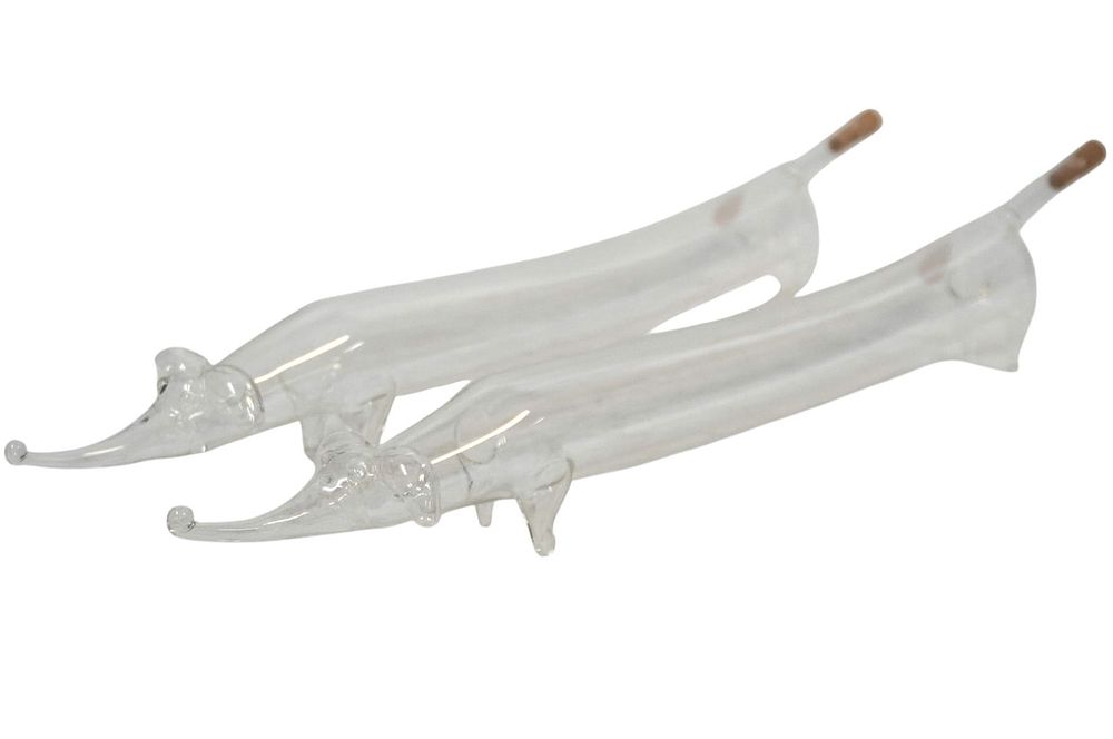Lot 263: HAND BLOWN GLASS OIL & VINEGAR DASCHUND CRUETS