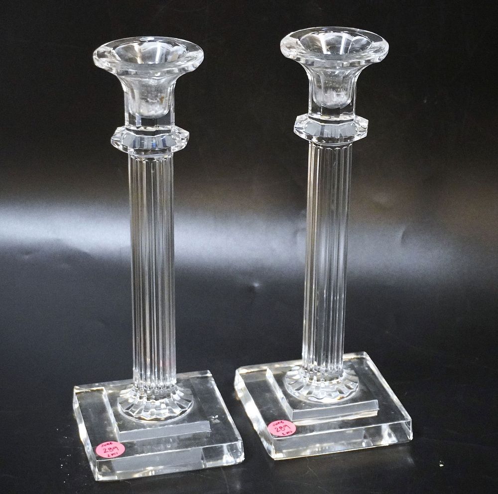 Lot 289: PAIR OF CRYSTAL COLUMN CANDLESTICKS