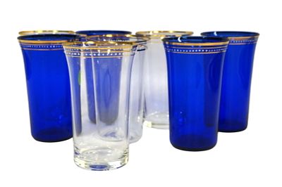 8 BOHEMIAN BLOWN GLASS ENAMELED TUMBLERS. 4 Cobalt and 4 Clear Tumblers. Gilt and enamel beaded