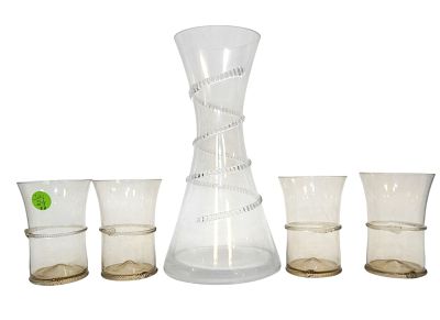 5 PC BOHEME CARAFE & 4 JULISKA SIGNED TUMBLERS. Boheme Carafe 5"x9.75" and 4 Signed Hand Blown