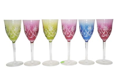 6 VINTAGE MULTI COLORED CUT CRYSTAL HOCK GLASSES. 6 Vintage Multi Colored Cut Crystal Hock