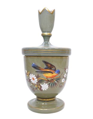 VICTORIAN HAND PAINTED BRISTOL GLASS BIRD POWER JAR. Victorian Hand Painted Bird Bristol Glass