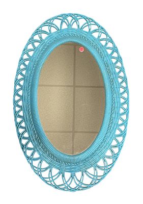 VINTAGE FAUX TURQUOISE RATTAN OVAL MIRROR. Vintage Mid Century Turquoise Faux Rattan Oval