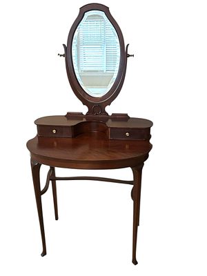 ANTIQUE FLAME MAHOGANY VANITY BEVELED GLASS. Antique c. 1900s Flames Mahogany Vanity with