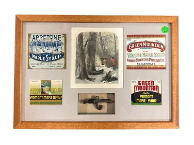 ANTIQUE VERMONT MAPLE SYRUP FRAMED GROUPING. Antique (over 125 years old) Vermont Maple Syrup