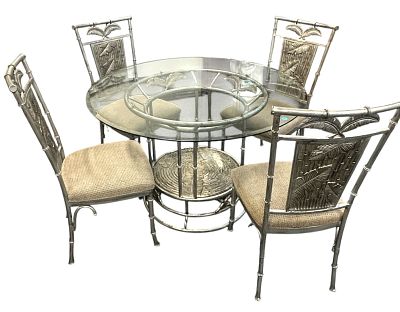 GLASS TOP PEDESTAL PALM TREE MOTIF DINING TABLE W/ 4 CHAIRS. Contemporary Glass Top Pedestal
