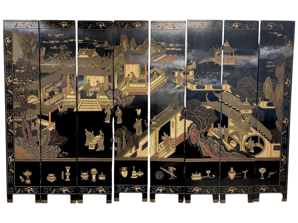 Lot 151: TALL 8 PANEL LACQUERED COROMANDEL CHINESE SCREEN
