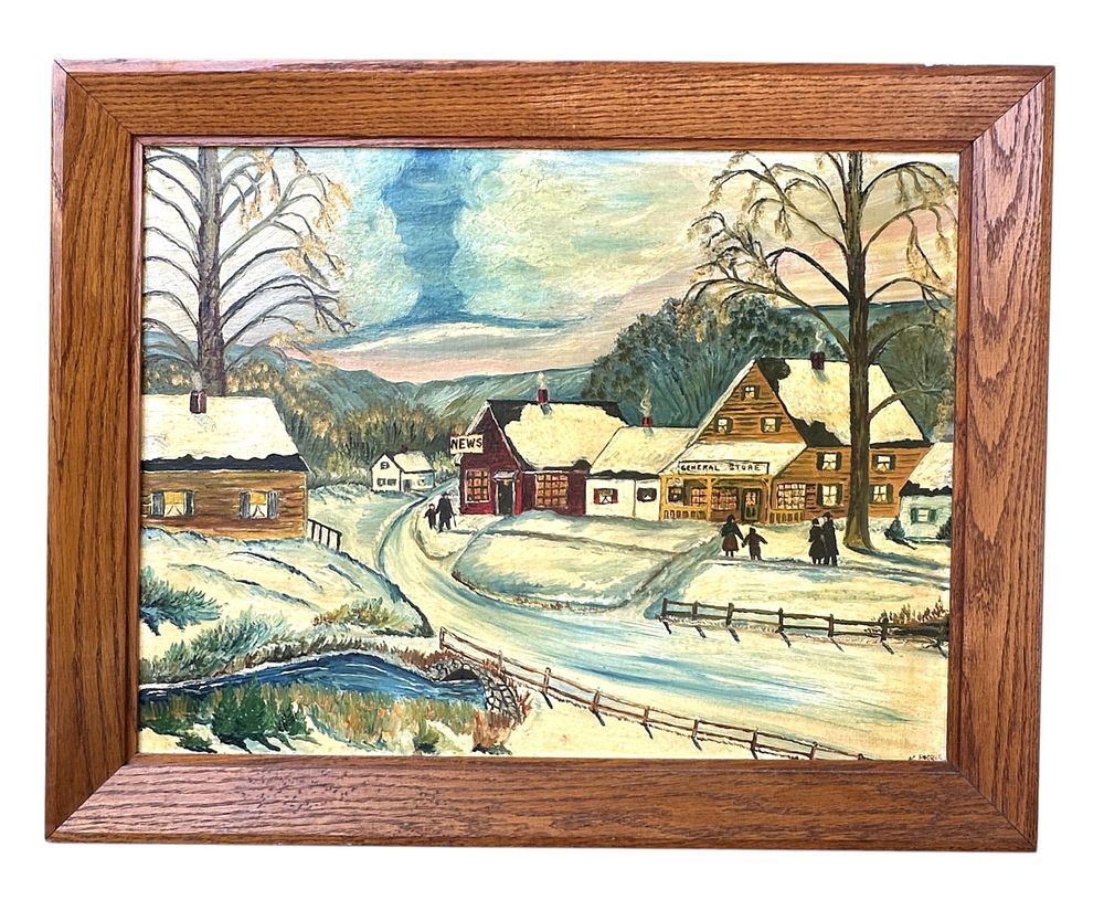 Lot 209: ORIGINAL AMERICAN FOLK ART WINTER LANDSCAPE FRAMED PAINTING SIGNED