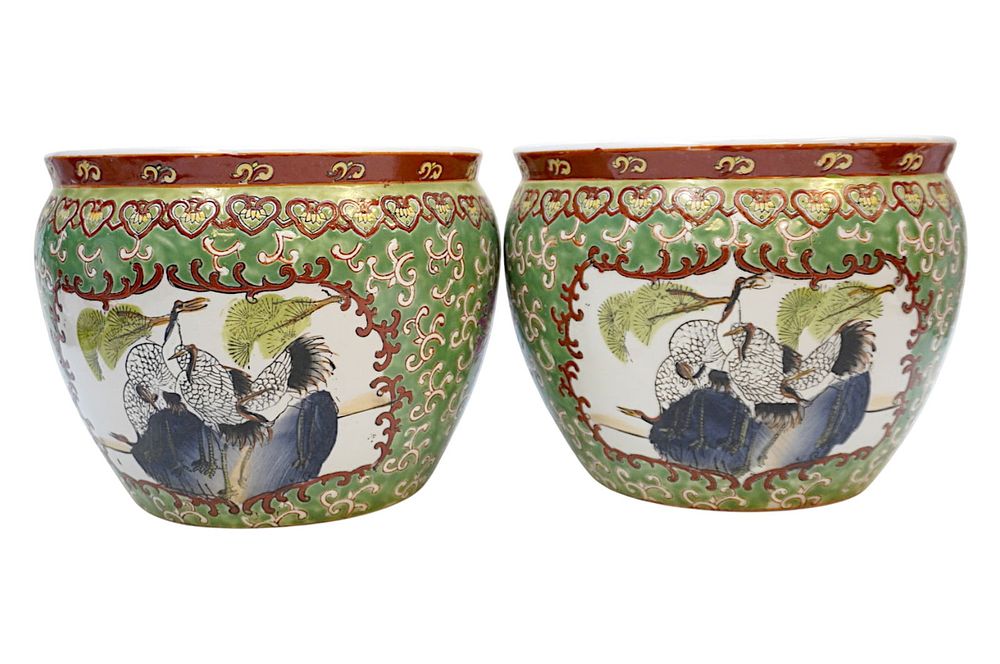 Lot 211: PAIR OF CHINESE FAMILLE VERTE PORCELAIN JARDINIERES