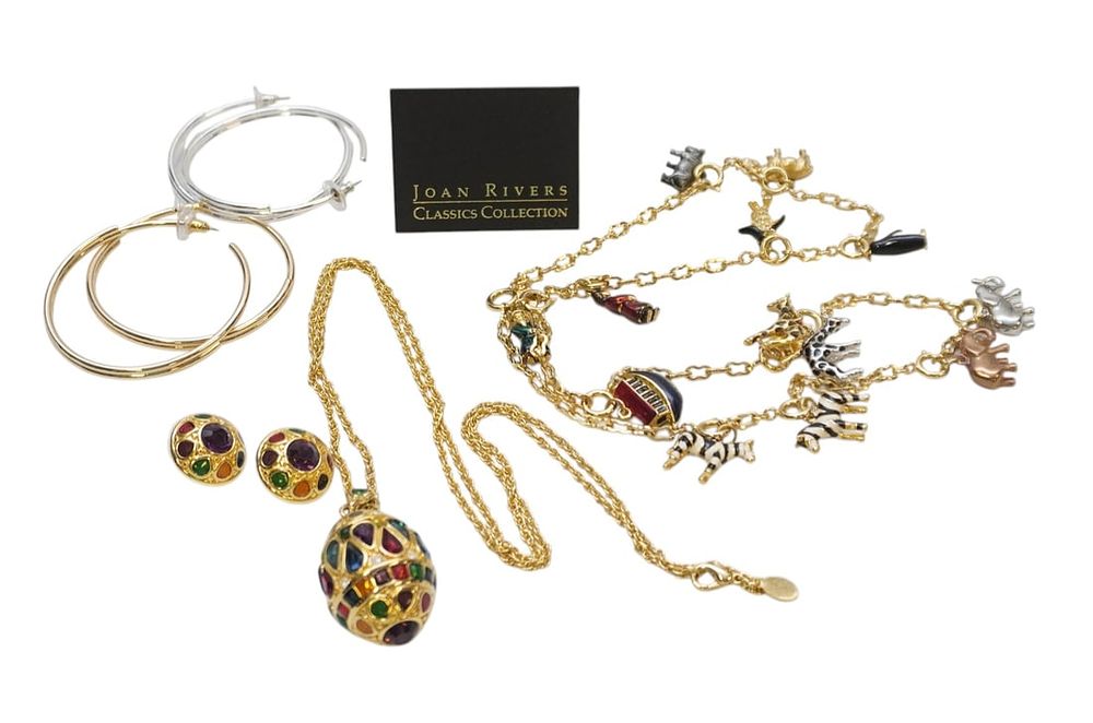 Lot 230: JOAN RIVERS JEWELRY PIECES - NOAHS ARK CHARM NECKLACE, FABERGE EGG NECKLACE, AND EARRINGS