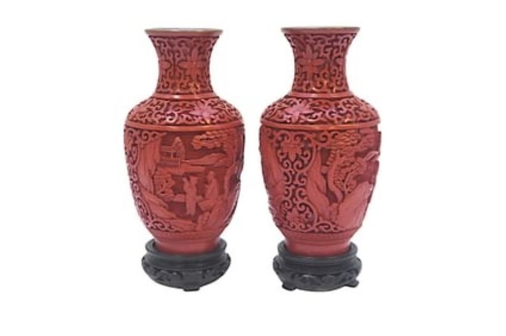 Lot 232: MATCHED PAIR CINNABAR LACQUER & ENAMEL VASES