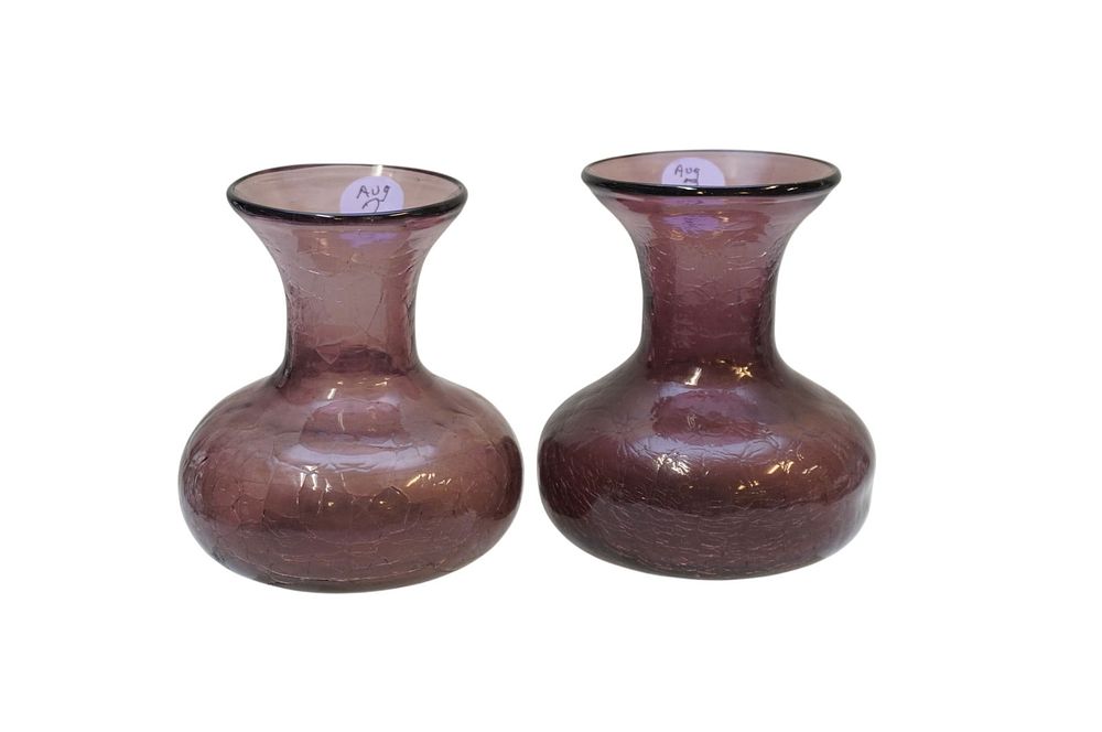 2 MCM HAND BLOWN AMETHYST VASES. 2 MCM Hand Blown Amethyst Crackle Vases. Each 3.75"x3.75"x4 