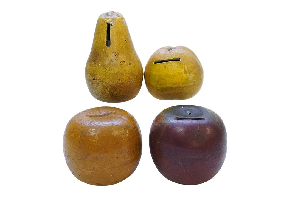 Lot 181: 4 COLD PAINTED REDWARE FRUIT BANKS