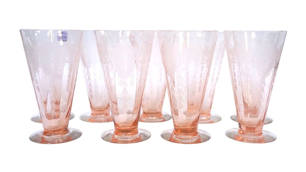 Lot 186: 9 RARE TIFFIN-FRANCISCAN CLASSIC PINK ETCHED ICED TEA GLASSES