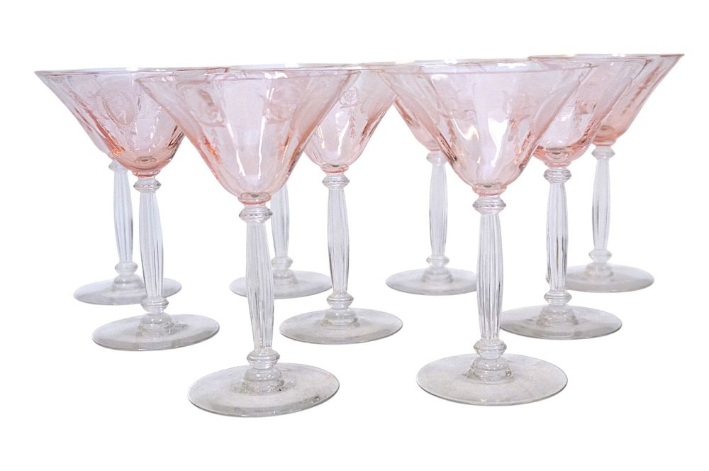 Lot 216: 9 RARE TIFFIN-FRANCISCAN CLASSIC PINK ETCHED CHAMPAGNE GLASSES