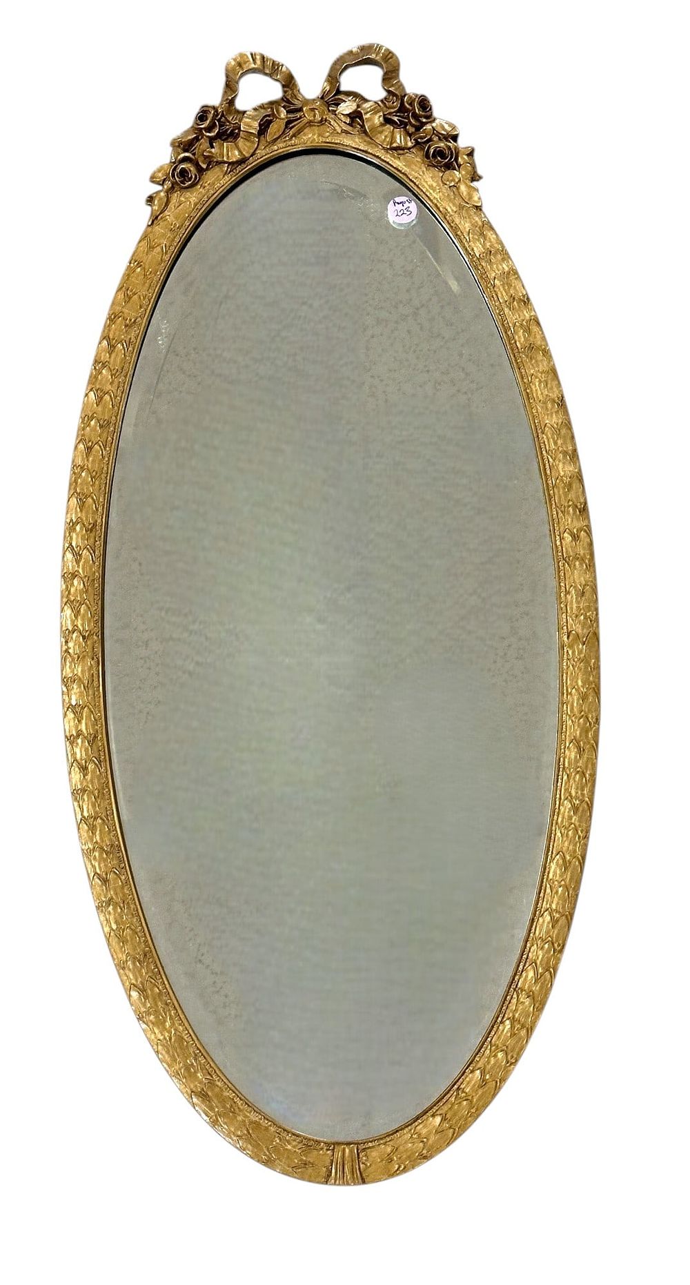 Lot 223: OVAL CARVED GILT BEVELED MIRROR