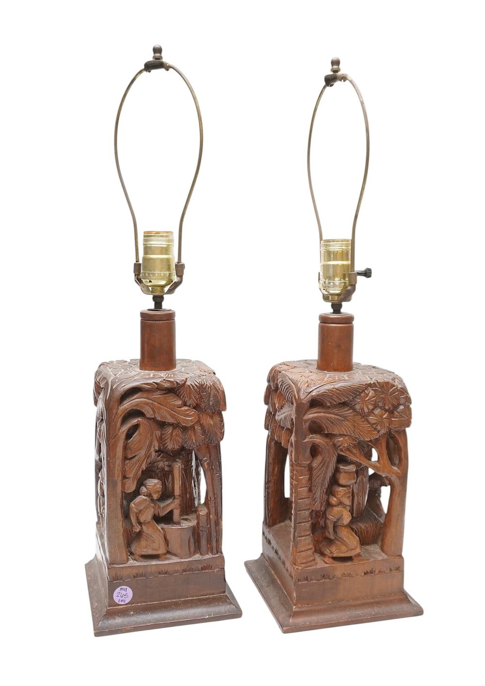 Lot 265: PAIR OF VINTAGE CARVED TEAKWOOD MCM LAMPS