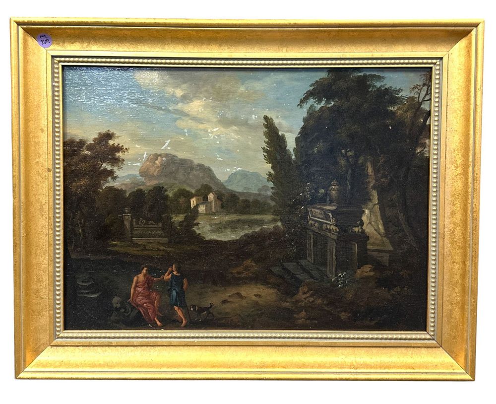 Lot 269: ANTIQUE OIL ON BOARD CLASSICAL LANDSCAPE WITH FIGURES