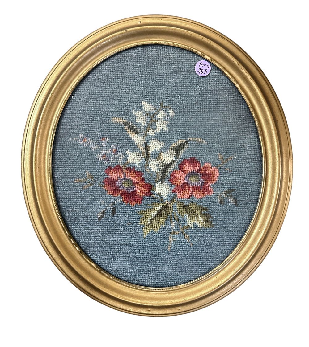 Lot 285: VICTORIAN NEEDLEPOINT FLORALS IN GILT FRAME