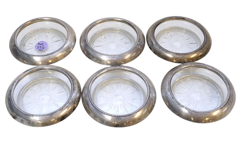 Lot 296: SET OF 6 FRANK M. WHITING STERLING SILVER COASTERS W/ GLASS INSERTS