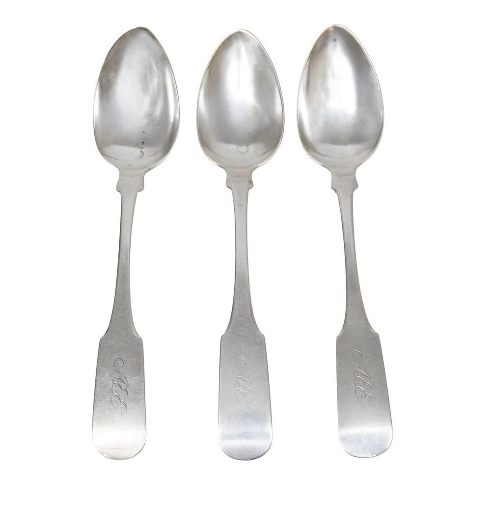 Lot 157: 3 CHARLESTON COIN SILVER SERVING SPOONS EWAN