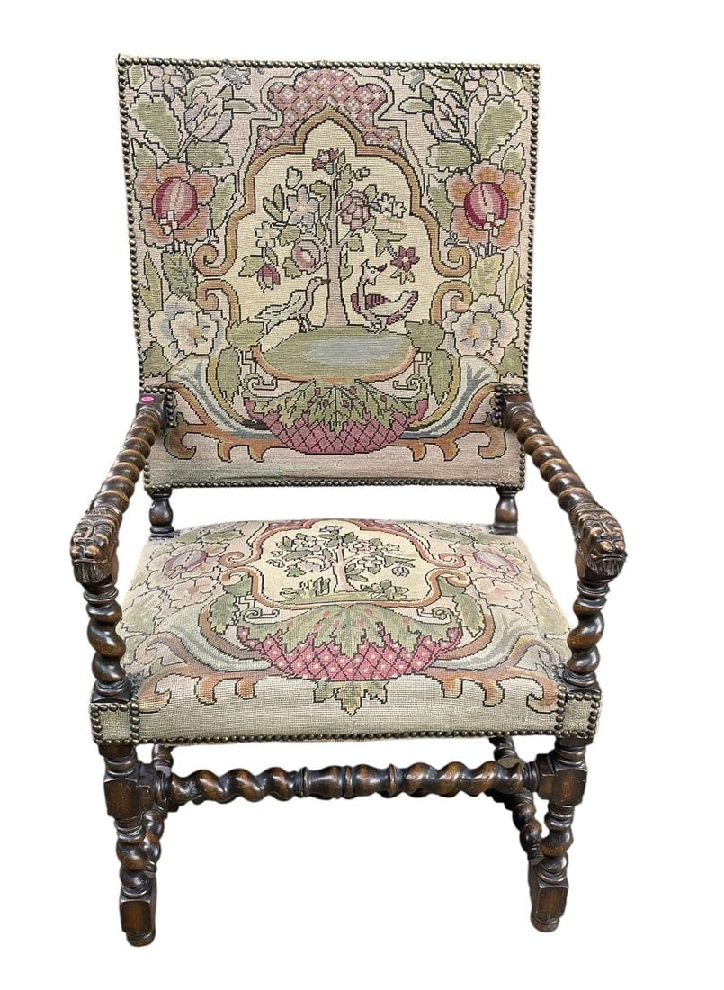 Lot 163: ANTIQUE ENGLISH OAK BARLEY TWIST TAPESTRY CHAIR