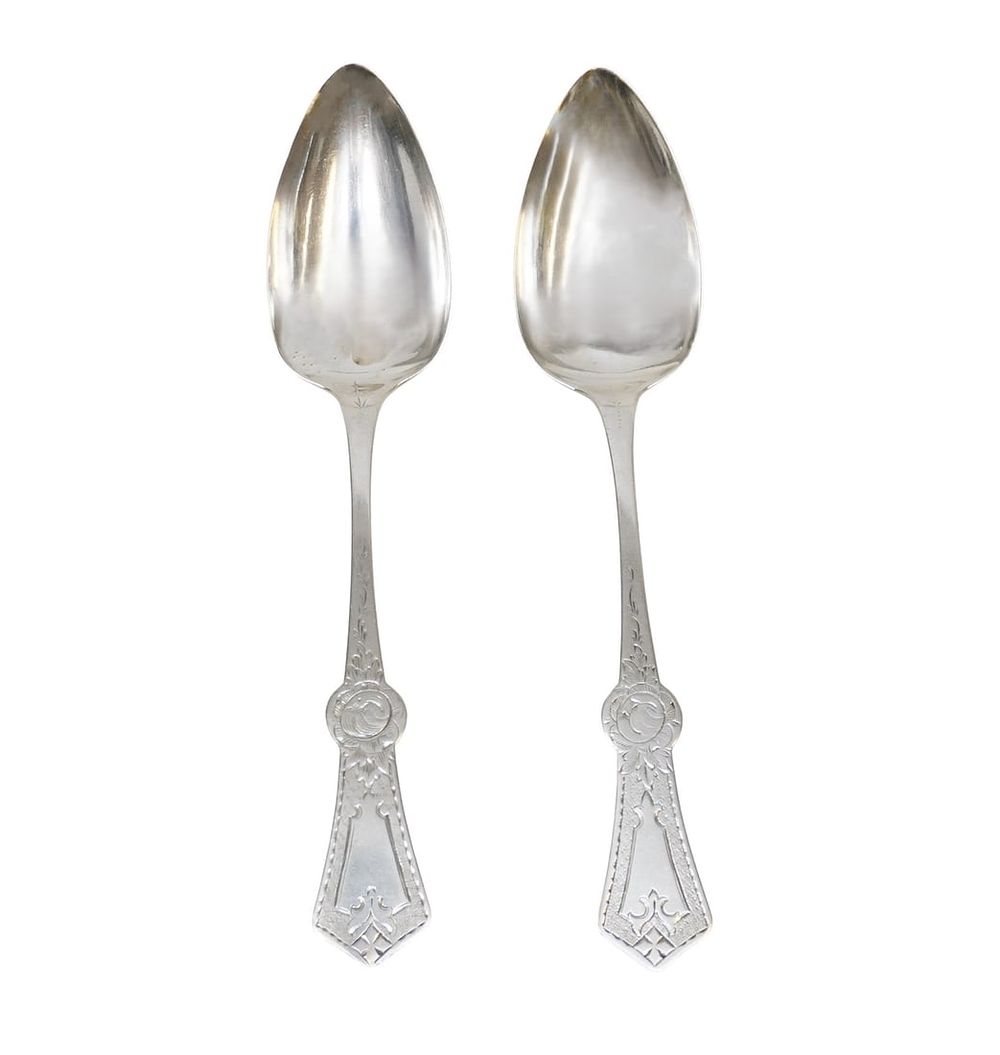 Lot 185: 2 ORNATE J. SANDERS COIN SILVER SERVING SPOONS