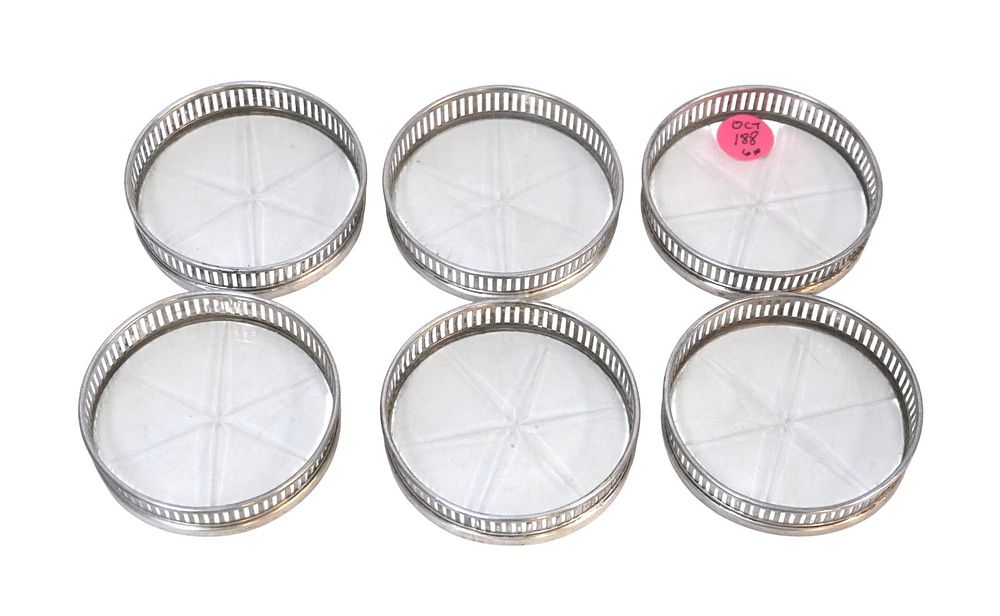 Lot 188: 6 STERLING RIM GLASS COASTERS
