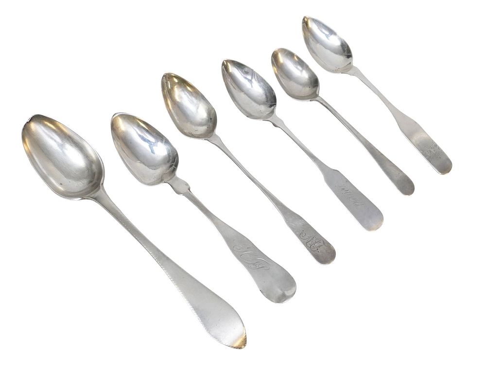 Lot 215: 6 EARLY COIN SILVER SPOONS 1804 - 1814 +