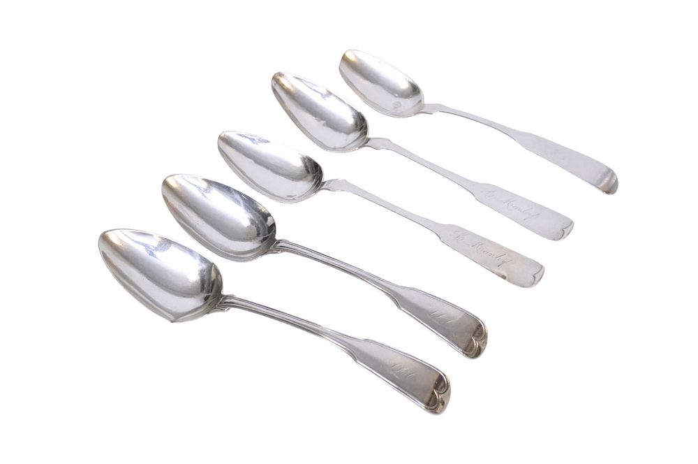 Lot 220: 5 COIN SILVER LARGE SERVING SPOONS