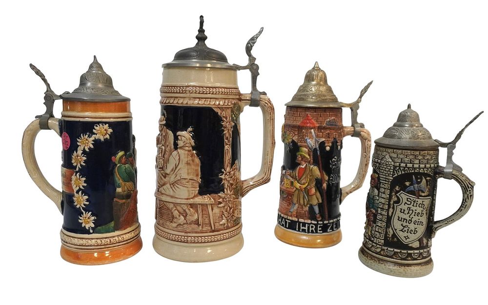 Lot 282: 4 VINTAGE GERMAN BEER STEINS WITH PEWTER LIDS