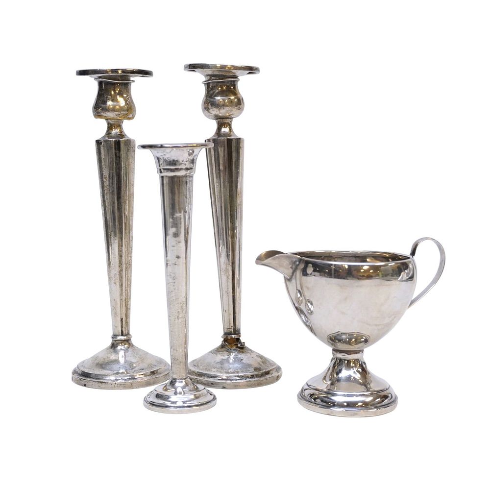 Lot 315: 4 PC STERLING CANDLESTICKS, CREAMER, VASE