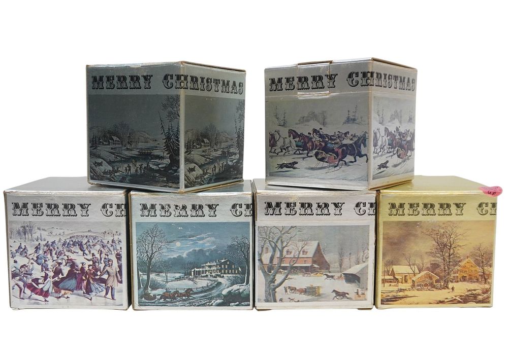 Lot 335: 6 VINTAGE CURRIER & IVES CORNING GLASS WORKS COLLECTION ORNAMENTS