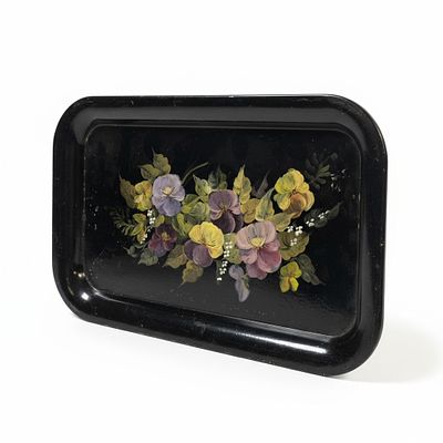 ANTIQUE SMALL HAND PAINTED TOLE TRAY PANSIES. Antique Small Hand Painted Pansies Tole Tray.. 