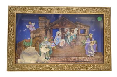 CHRISTMAS MUSICAL ANIMATED DIORAMA 17" SHADOW BOX. Christmas Musical Diorama of the Holy Family. 
