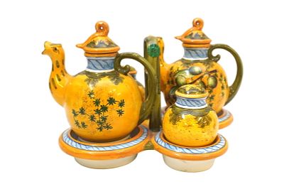 HAND PAINTED ITALIAN POTTERY CRUET SET WITH CADDY. Vintage Pottery Hand Painted Cruet Set. Made 