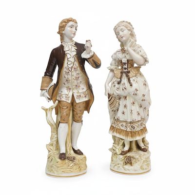 2 LARGE VOLKSTEDT PORCELAIN HAND PAINTED COURTING COUPLE. Pair Large German Volkstedt Porcelain 
