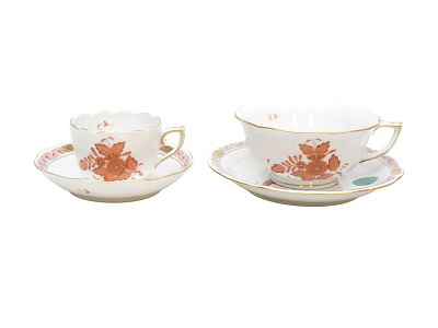 2 HEREND CHINESE BOUQUET CUPS & SAUCERS. Footed Cup &amp; Saucer Set Chinese Bouquet Rust and 