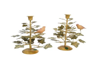 PAIR VINTAGE TOLE CANDLE HOLDERS BIRDS & FOLIAGE. Matched Pair of Vintage Tole Bird &amp; 