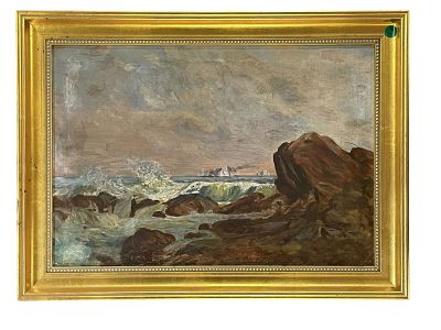 ANTIQUE OIL COASTAL OCEAN OIL ON CANVAS. Antique 19th c Oil on Canvas Coastal Ocean Maritime. In 