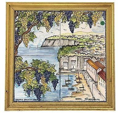 VINTAGE FRAMED HAND PAINTED ITALIAN TILES SORRENTO. Framed Group of 4 Hand Painted Italian Tiles 