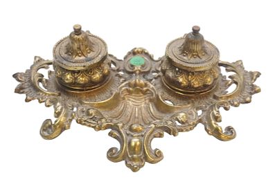 19TH C FRENCH ROCOCO STYLE DOUBLE INK STAND. Antique 19th c French Rococo Style Double Inkwell 