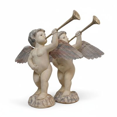 PAIR LARGE CARVED WOOD CHERUBS / PUTTI. Pair of Large Vintage Carved Wood Cherubs / Putti with 