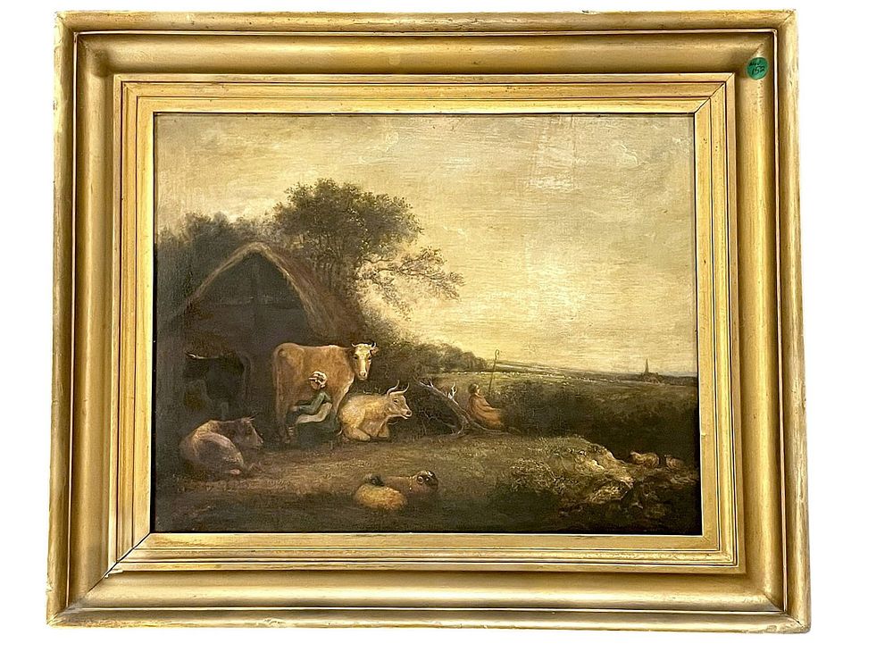 Lot 152: ANTIQUE 19th c PASTORAL OIL WITH COWS
