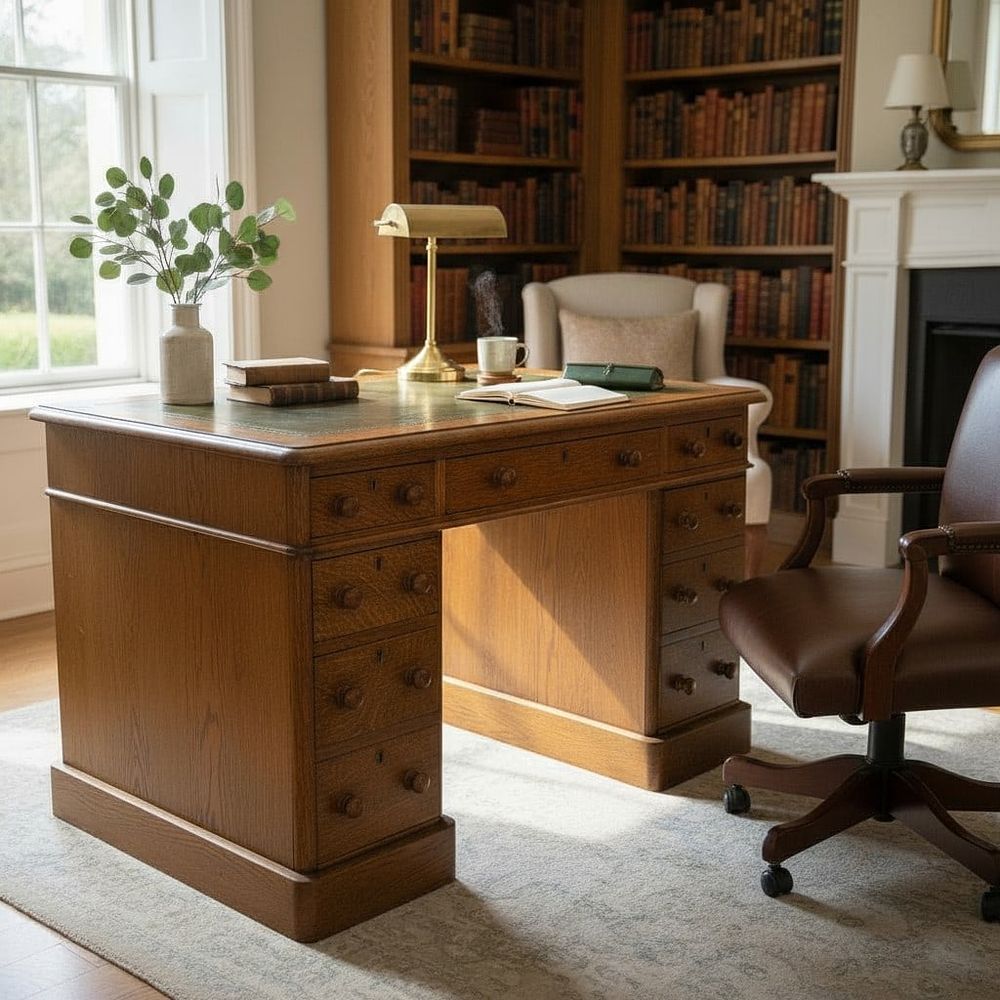 Lot 153: ANTIQUE 19TH C PETITE OAK DESK WITH TOOLED LEATHER TOP