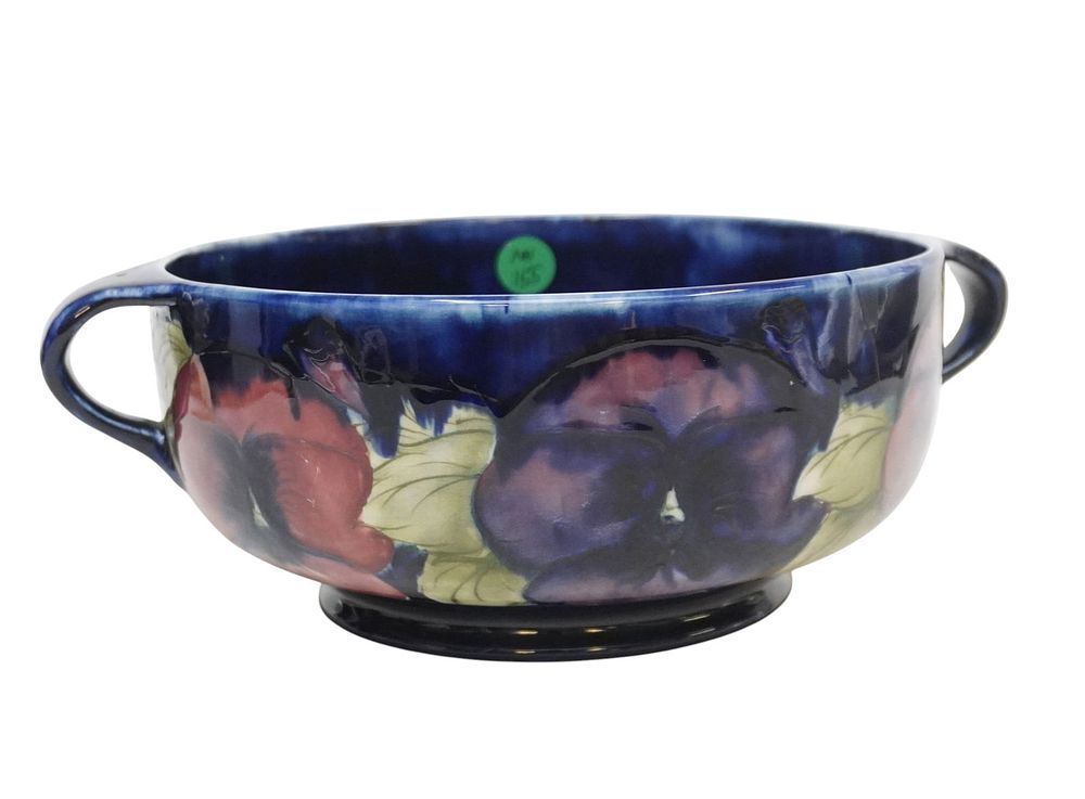 Lot 155: LARGE MOORCROFT PANSY HANDLED BOWL 1920s