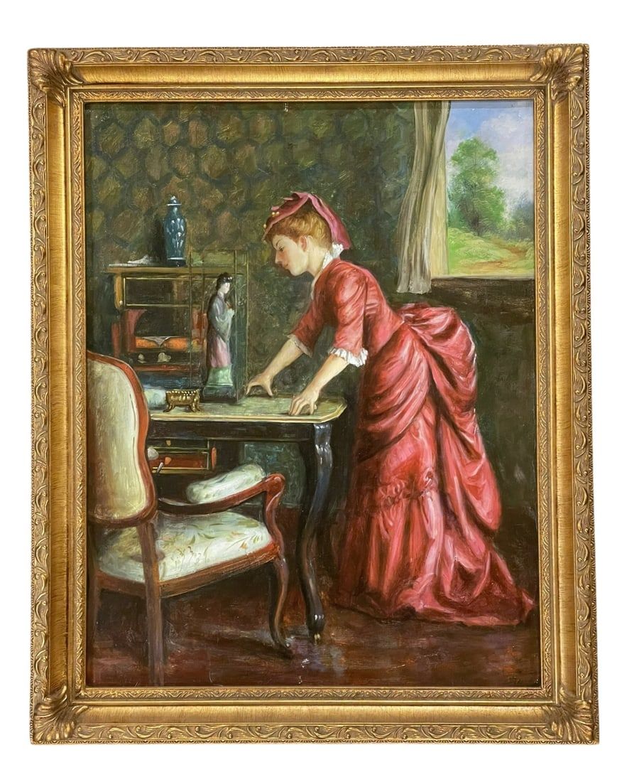 Lot 157: LADY IN A RED DRESS OIL PAINTING