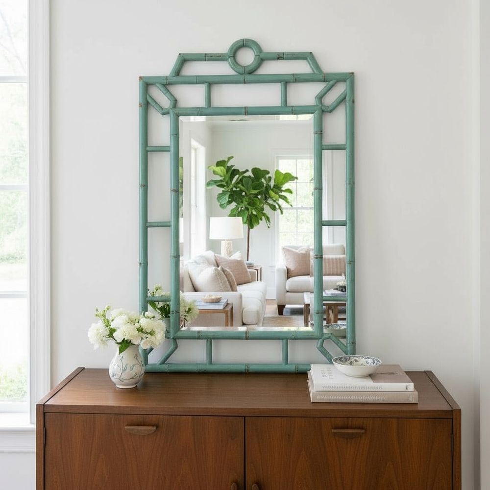 Lot 165: LARGE VINTAGE LACQUERED CHINOISERIE STYLE BAMBOO FRAMED BEVELED MIRROR