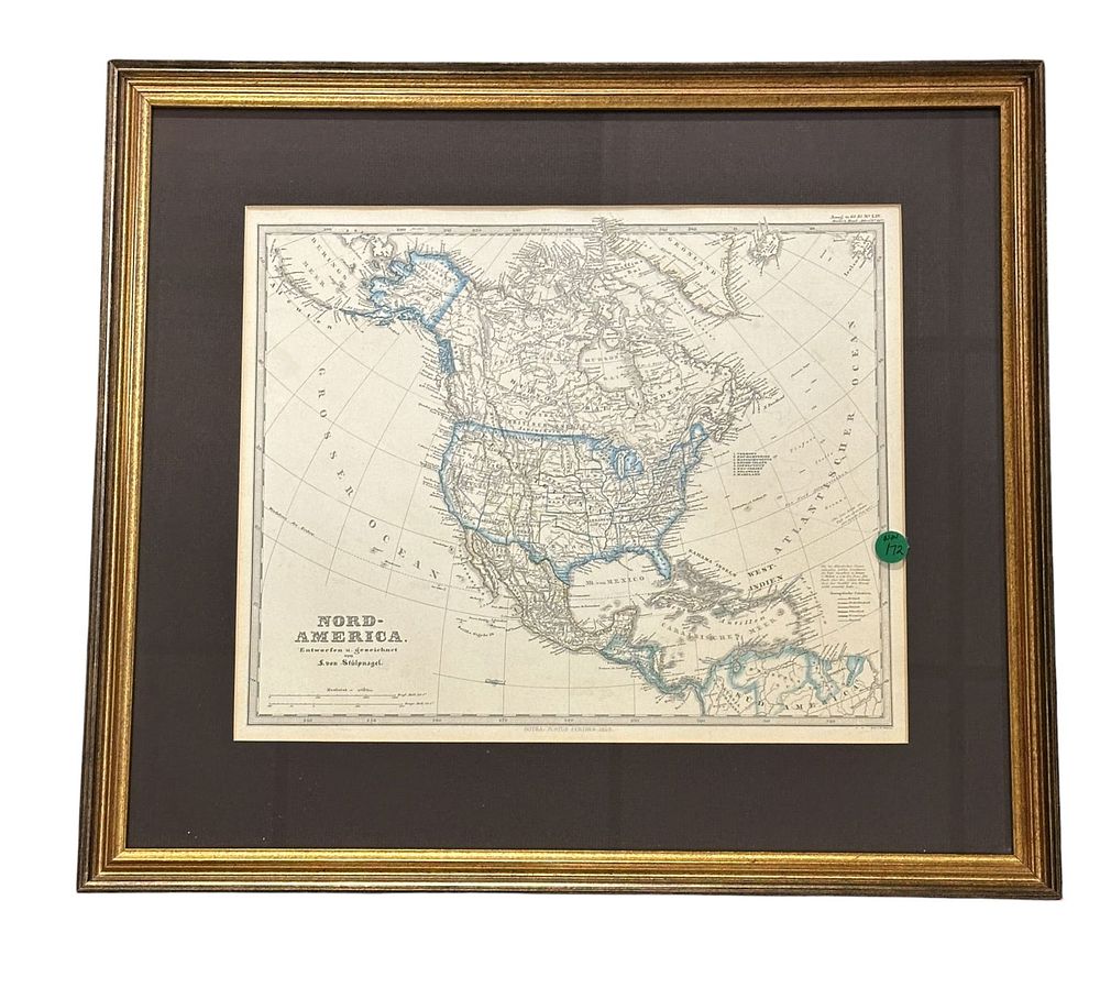 Lot 172: NORD AMERICA GERMAN MAP 1864 HAND COLORED