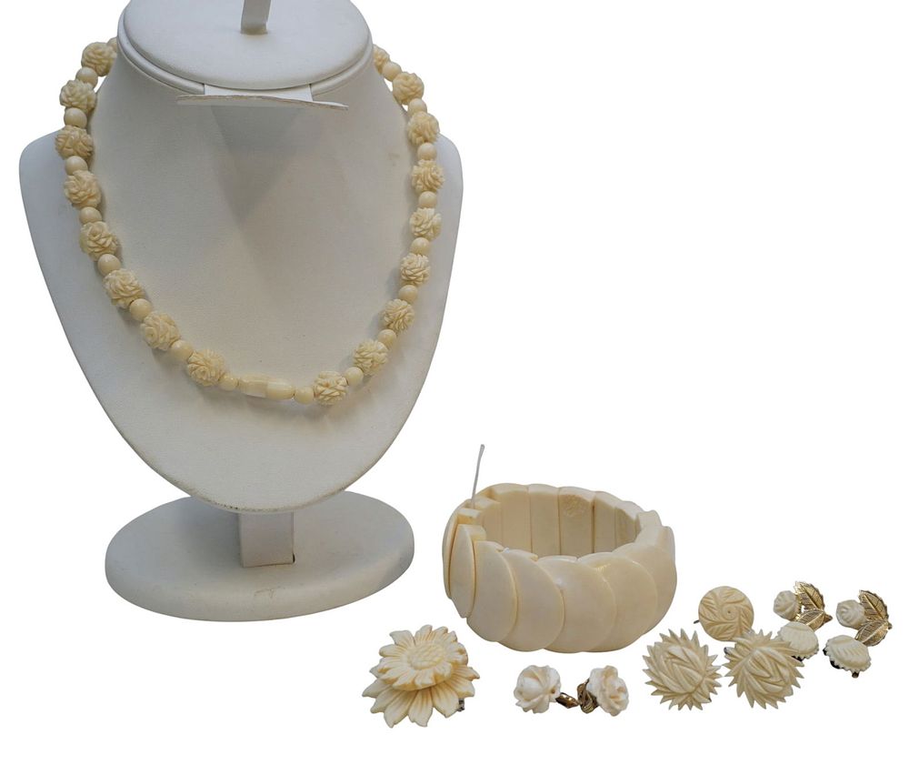 Lot 181: 7 pc VINTAGE CARVED BONE JEWELRY